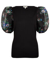 Floral Organza Sleeve Top with Recycled Fabric, Black (BLACK), large