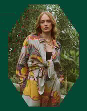 One Hundred Stars Crane Print Kimono Jacket, Natural (STONE), large