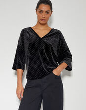 Nala Spot Velvet V-Neck Top, Black (BLACK), large