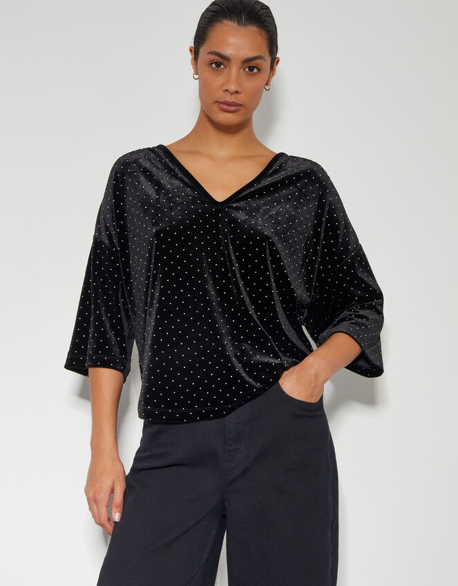 Nala Spot Velvet V-Neck Top, Black (BLACK), large