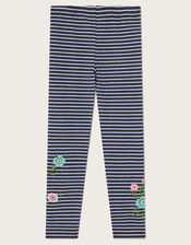 Floral Embroidered Stripe Leggings, Blue (NAVY), large