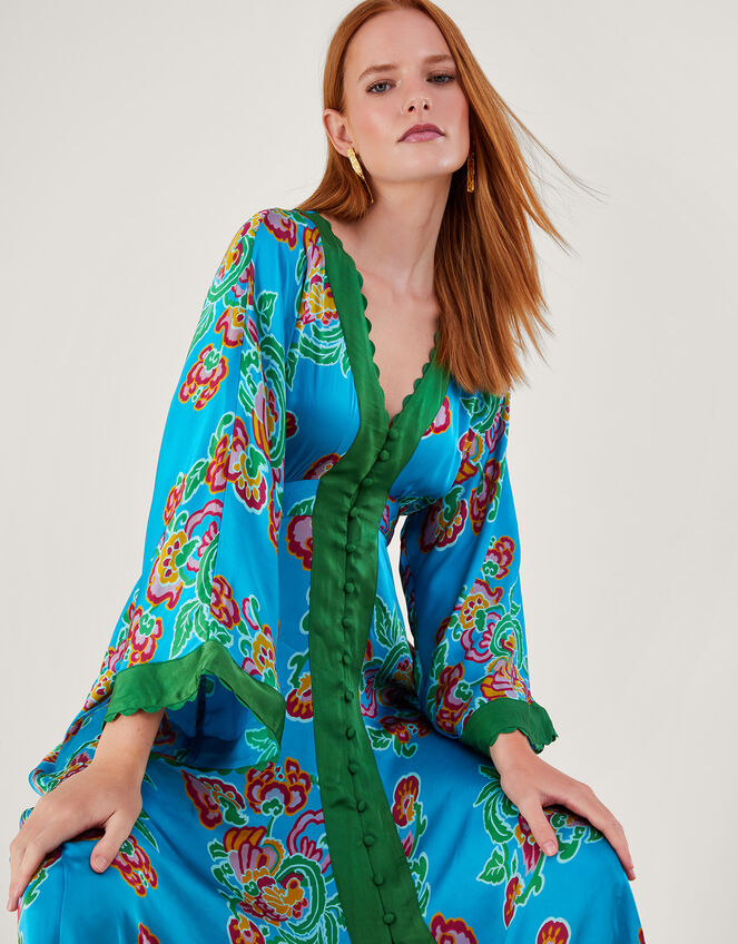 Button Through Print Kaftan Dress, Blue (BLUE), large
