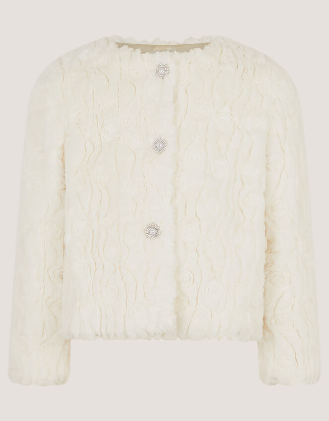 Cornelli Embroidered Faux Fur Jacket, Ivory (IVORY), large