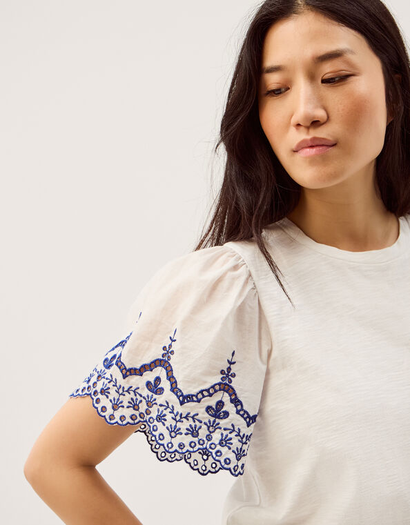 Bree Broderie Sleeve Jersey T-Shirt, White (WHITE), large