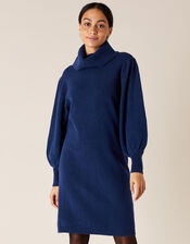Roll Neck Knit Dress, Blue (DARK BLUE), large