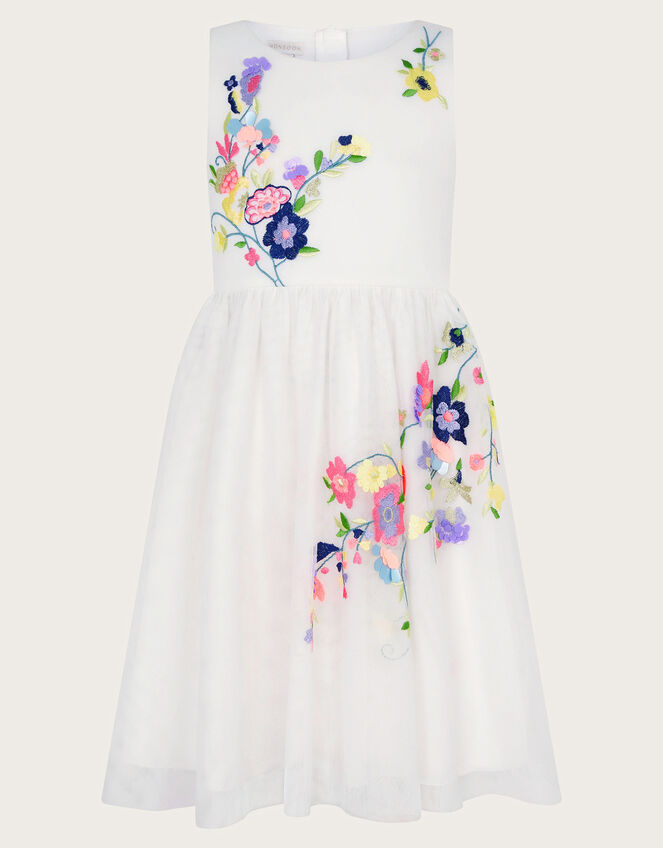 Fiorella Embroidered Scuba Dress, Ivory (IVORY), large