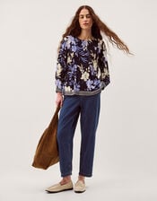 Nicolette Floral Linen Blend Top, Blue (NAVY), large