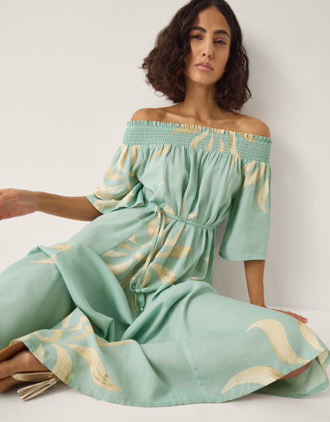 Tashie Sun Print Bardot Midi Dress Blue