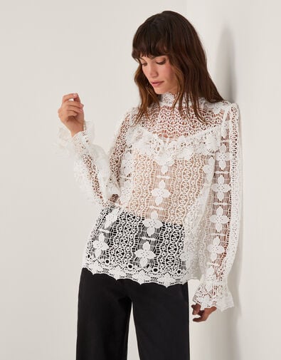 Phoebe Sheer Lace Blouse, White (WHITE), large