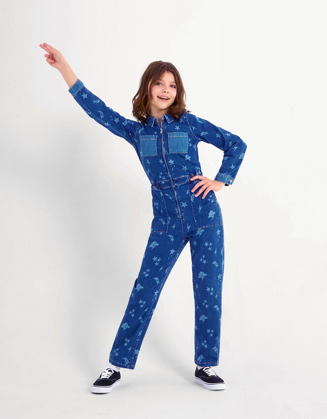 Cosmic Print Stretch Denim Jumpsuit, Blue (BLUE), large