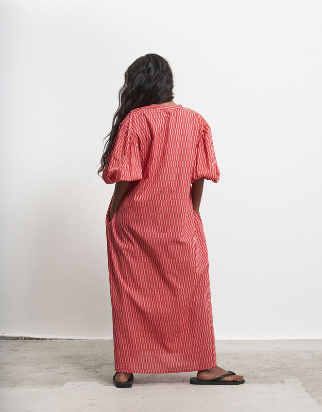 Par & Escala Matilda Puff Sleeve Check Maxi Dress, Red (RED), large