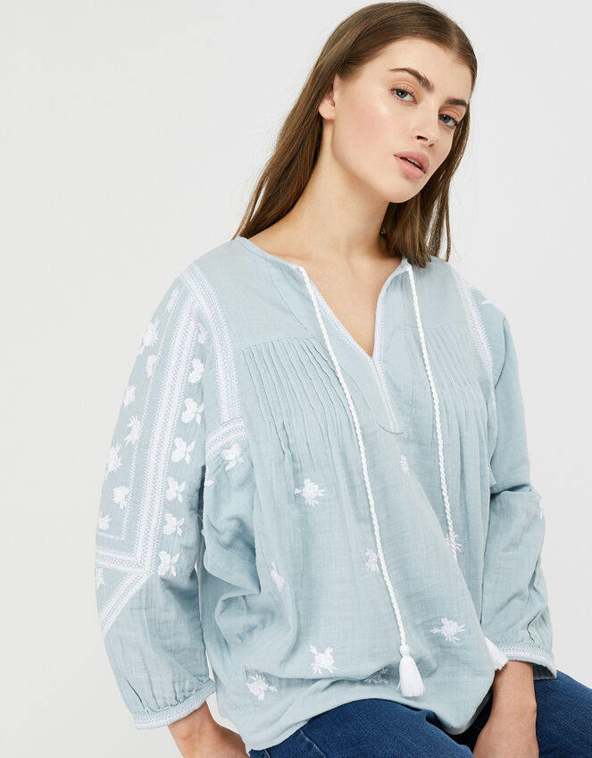 Ellen Embroidered Tassel Blouse, Blue (BLUE), large