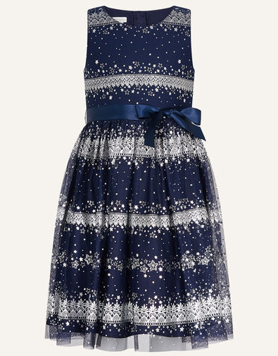 Felicity Foil Print Scuba Net Dress Blue, Blue (NAVY), large