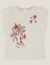 Embroidered Unicorn Ruffle T-Shirt, Ivory (IVORY), large