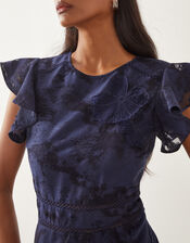 Josie Flutter Sleeve Floral Jacquard Midi Dress, Blue (NAVY), large