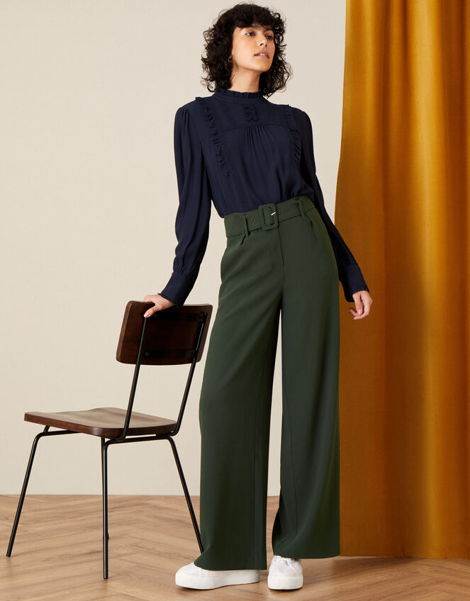 Whitney High Waisted Wide Leg Trousers, Green (KHAKI), large
