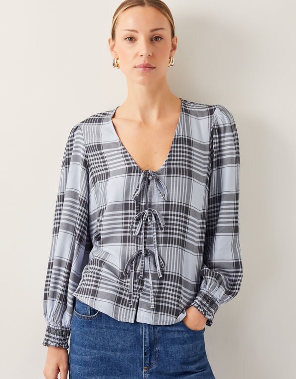 Ava Tie-Front Check Blouse, Blue (PALE BLUE), large