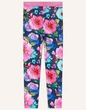Rose Print Leggings, Blue (NAVY), large