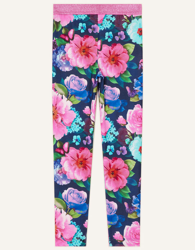 Rose Print Leggings, Blue (NAVY), large