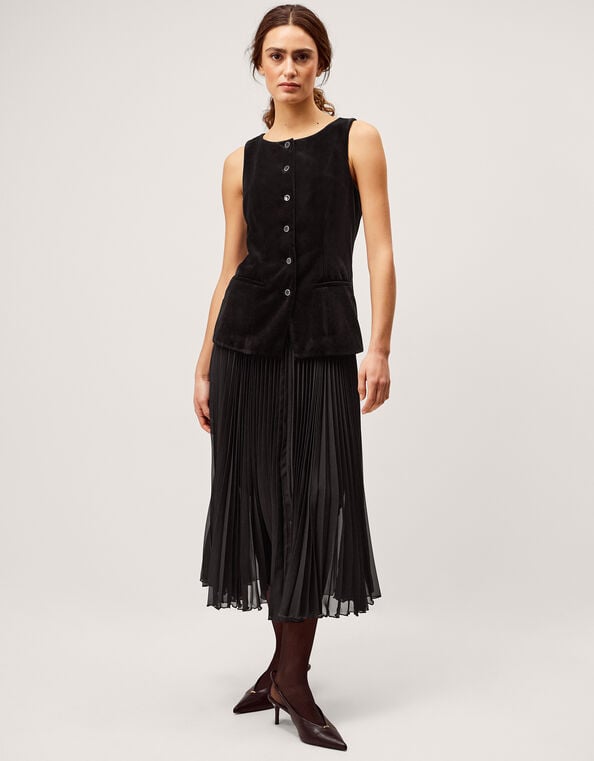 Vanessa Sleeveless Velvet Pleated Midi Dress, Black (BLACK), large