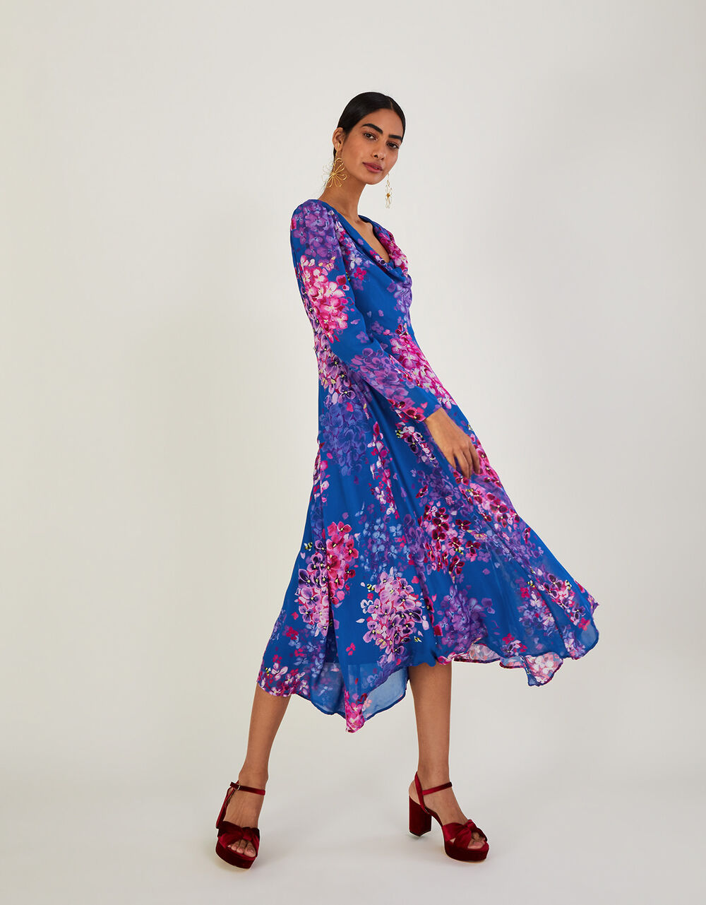 Evanah Floral Hanky Hem Dress in Sustainable Viscose Blue Evening