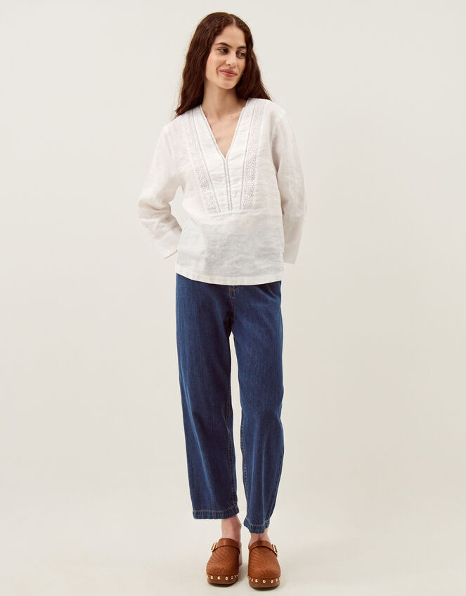 Jayla V-Neck Lace Linen Blouse, White (WHITE), large