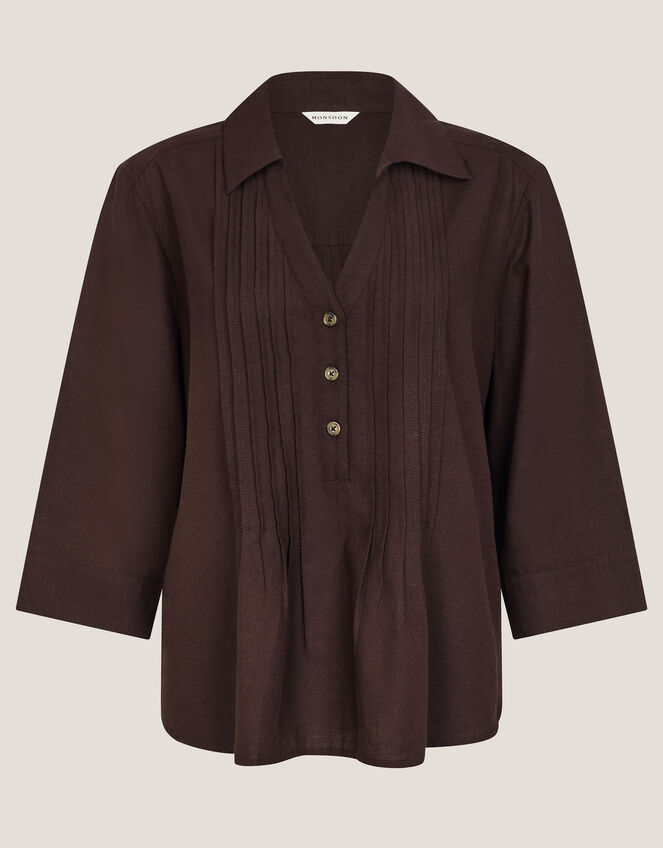 Elsie Pintuck Shirt, Brown (CHOCOLATE), large