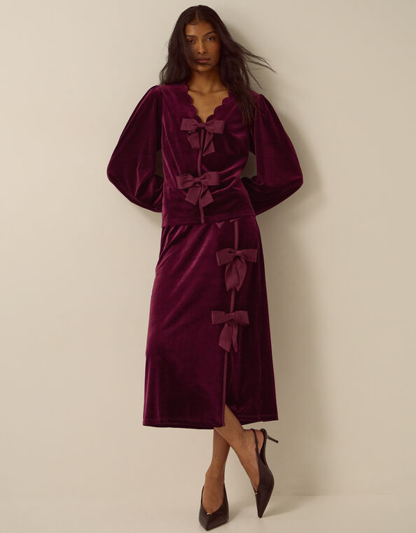 Buffy Bow Velvet Midi Skirt, Red (BURGUNDY), large