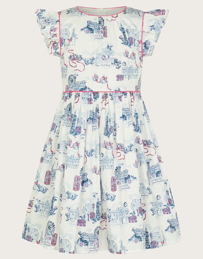London Print Frilly Cotton Dress, White (WHITE), large