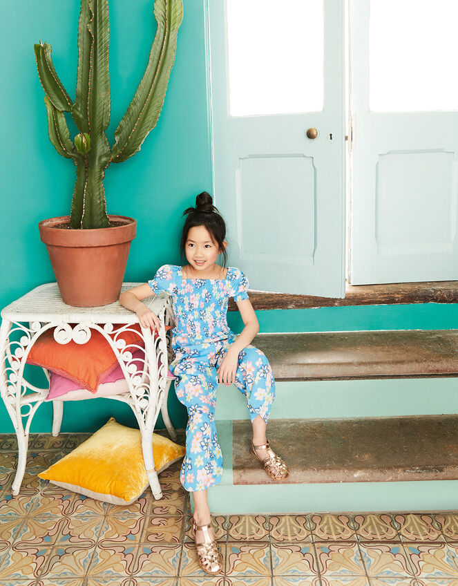 Floral Shirred Jumpsuit, Blue (BLUE), large