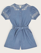 Embroidered Chambray Short Sleeve Playsuit, Blue (BLUE), large