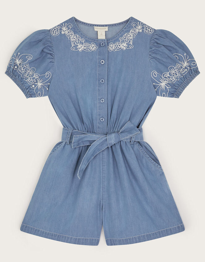 Embroidered Chambray Short Sleeve Playsuit, Blue (BLUE), large