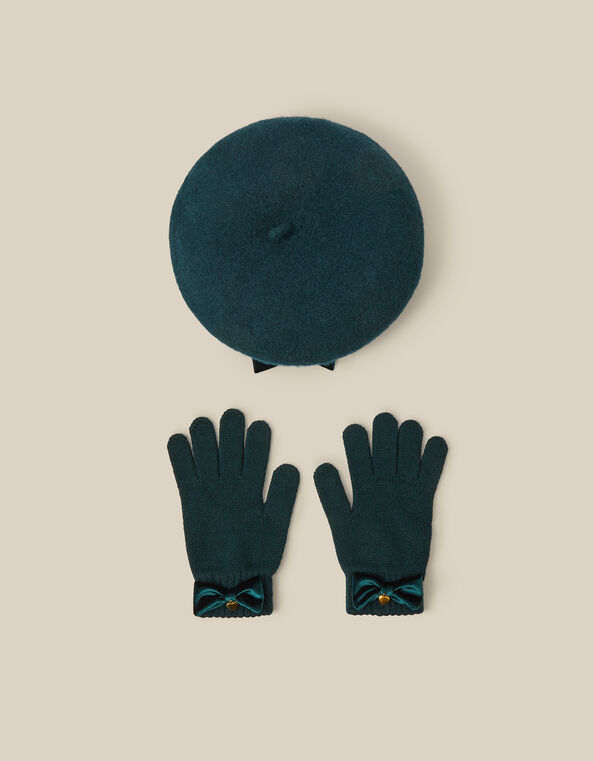 Velvet Bow Beret & Gloves Set, Green (GREEN), large