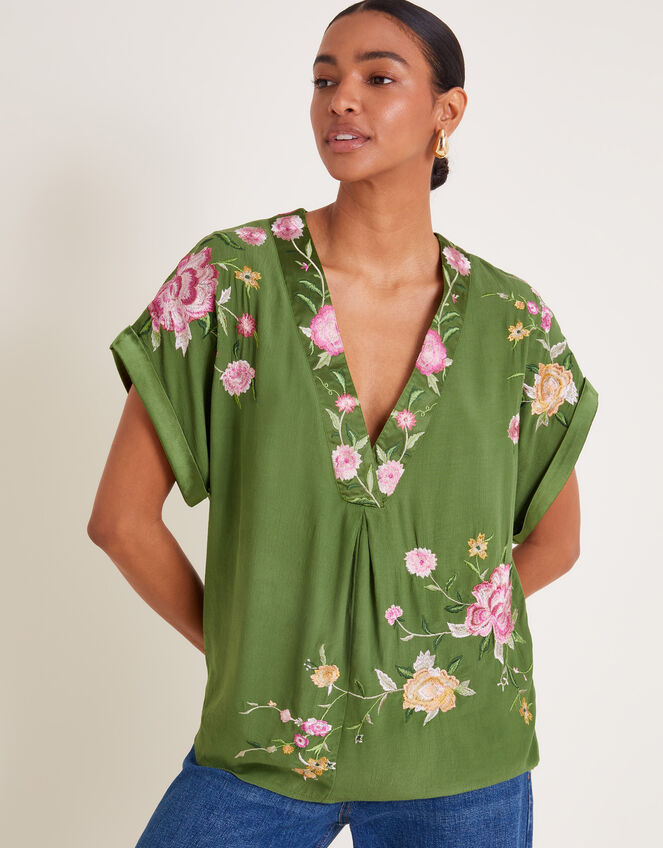Alice Floral Embroidered V-Neck Blouse, Green (GREEN), large