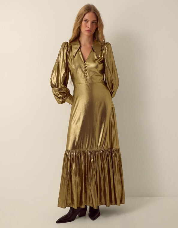 Monsoon x Queens of Archive Bianca Pointed Collar Metallic Maxi Dress​, Gold (GOLD), large