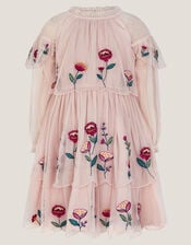 Floral Embroidered Scallop Tiered Dress, Cream (CREAM), large