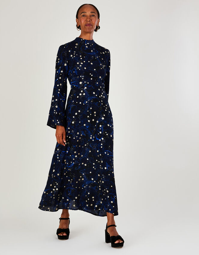 Astrid Foil Print Midi Dress in Sustainable Viscose, Blue (COBALT), large