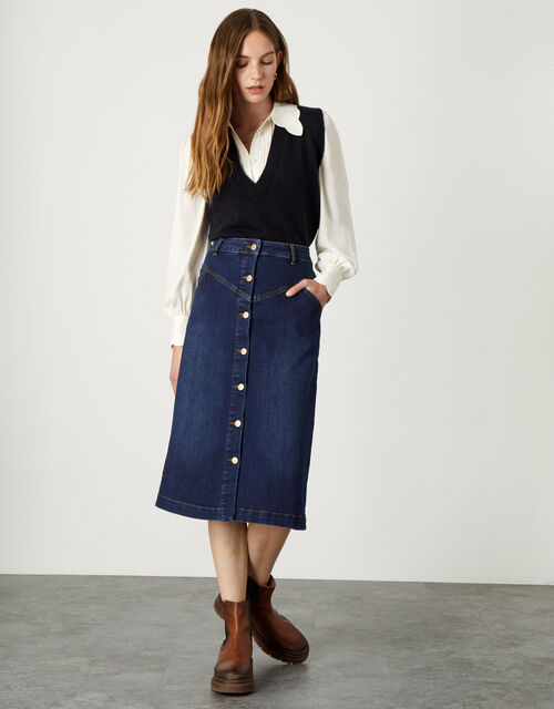 Denim Button Through Midi Skirt Blue Skirts Monsoon Uk