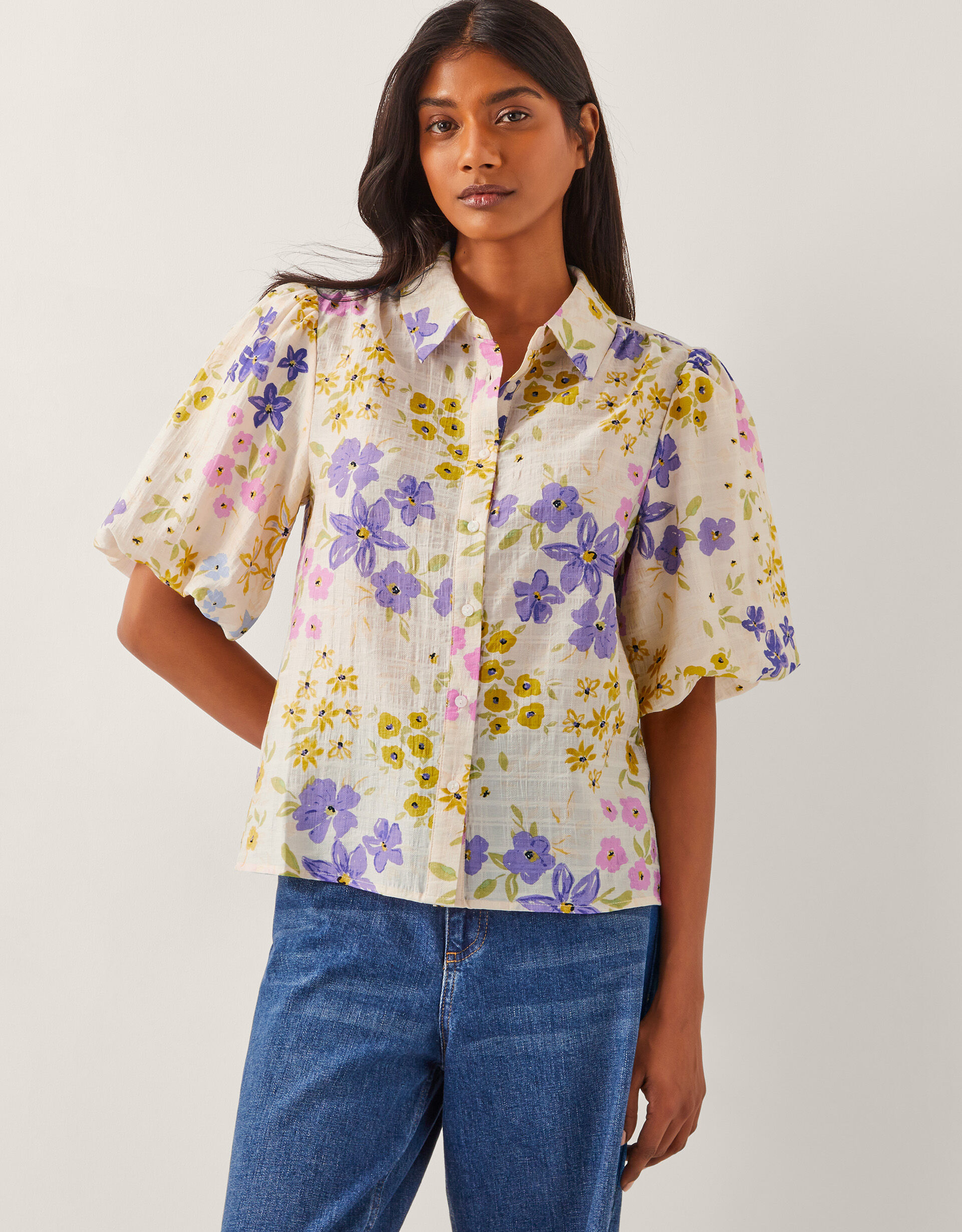 トップス PUFF-SLEEVED FLORAL EMBOSSED SHIRT Floral Long Sleeve Square Neck Shirring Ruffle Shirt - Petallush
