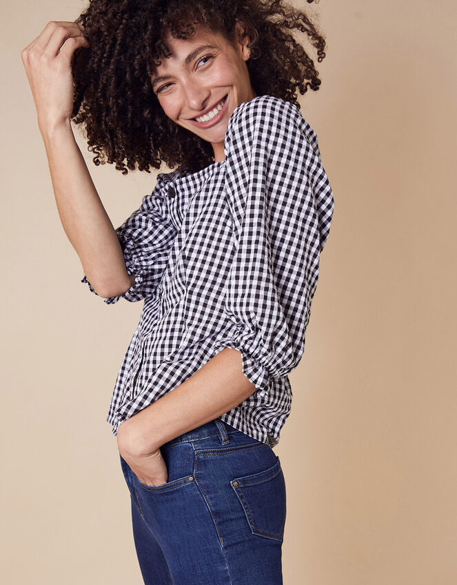 Gingham Off-Shoulder Top, Black (BLACK), large