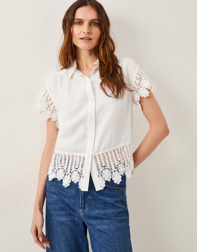 Lara Linen-Blend Short Sleeve Shirt, White (WHITE), large