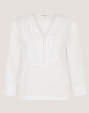 Jayla V-Neck Lace Linen Blouse, White (WHITE), large