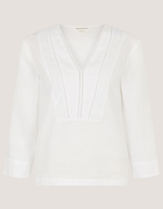 Jayla V-Neck Lace Linen Blouse, White (WHITE), large
