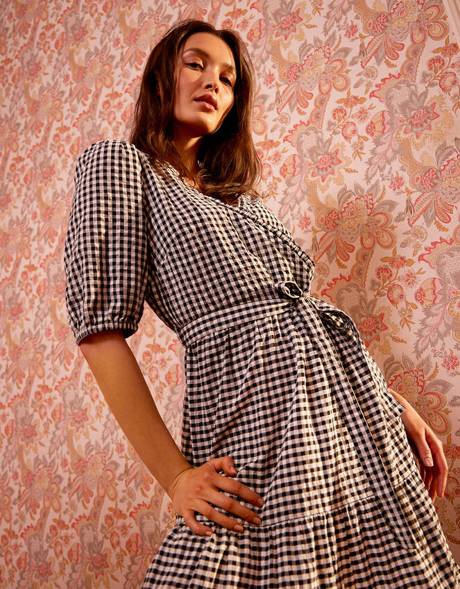Gingham Wrap Dress in Organic Cotton, Black (BLACK), large