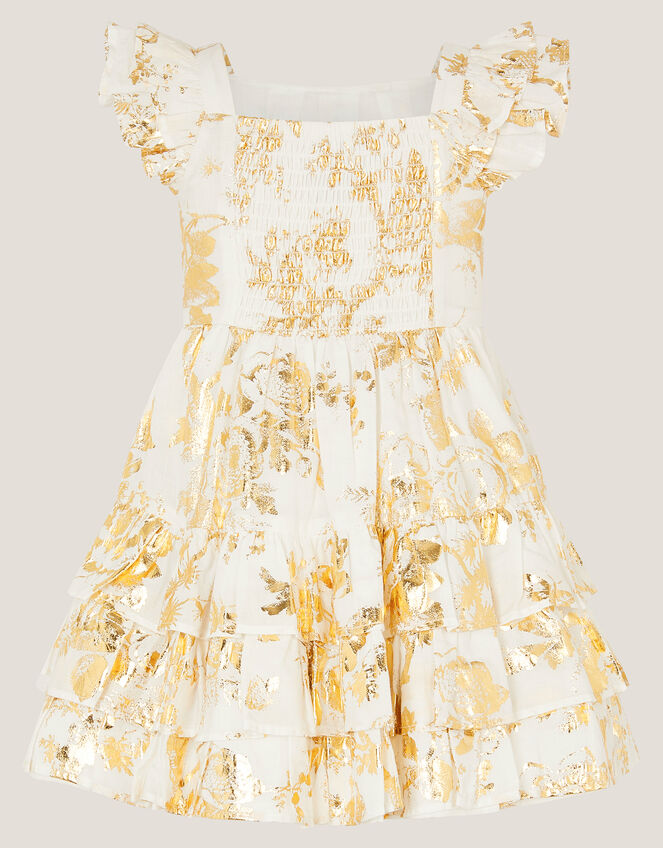 Baby Foil Floral Print Tiered Dress, Ivory (IVORY), large