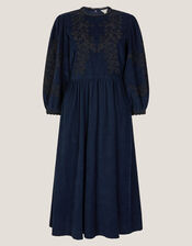 Leona Embroidered Corduroy Midi Dress, Blue (NAVY), large