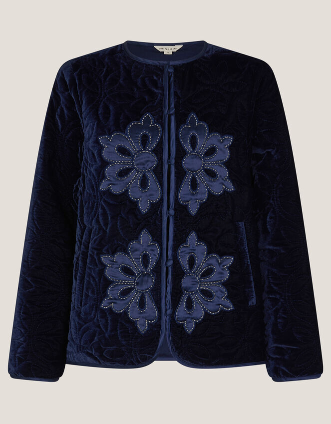 Delilah Embroidered Velvet Quilted Jacket, Blue (NAVY), large