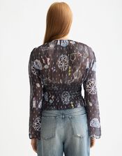 Scotch & Soda Print Smocked Waist Top, Blue (NAVY), large