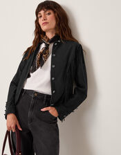 Salome Fringe Faux Suede Jacket, Black (BLACK), large