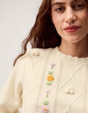 Elsie Floral Embroidered Cable Knit Jumper, Ivory (IVORY), large